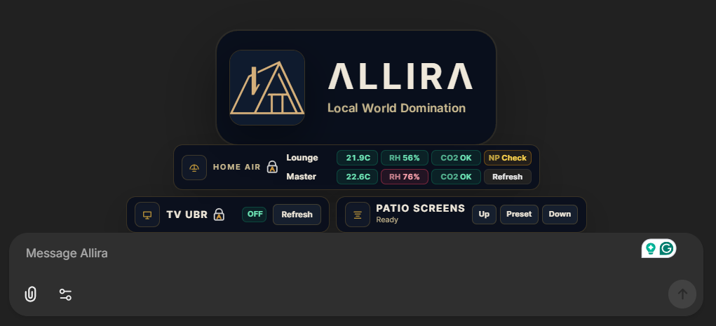 Allira live prototype interface showing home air status, TV status, and patio screen controls